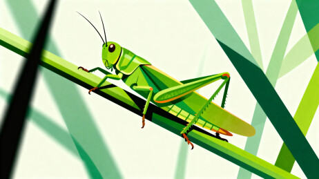 绿色蝗虫栖息在草茎上的插画图像