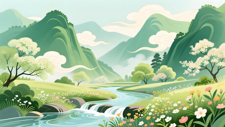 青山翠谷春意浓郁中国风溪流插画
