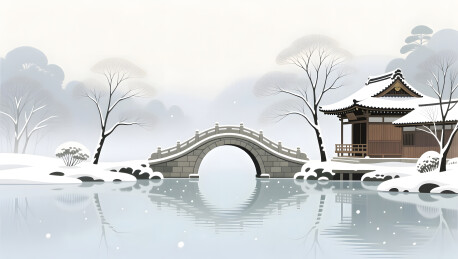 冬日静谧雪景中的木质古建筑湖畔
