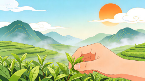 在晨曦中的梯田茶园采摘新鲜绿茶