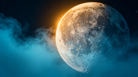 月球表面细节与蓝橙光影云雾交织的宇宙景象