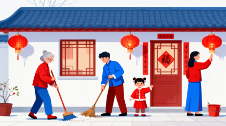 一家四口在传统院落中大扫除贴春联迎新年