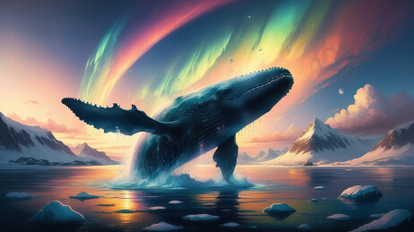 彩虹极光下海面跳跃的鲸鱼背景