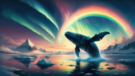 彩虹极光下海面跳跃的鲸鱼背景