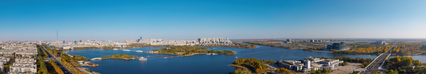 东营区清风湖秋天城市建筑风光航拍
