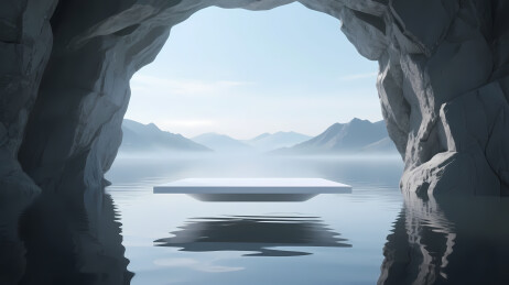 岩石洞穴倒映山水