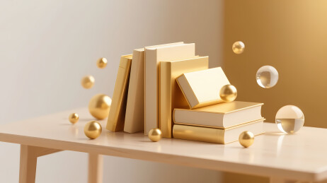 温馨书堆与金球装饰