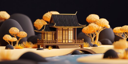 神秘奢华的一座中国古典飞檐建筑3D卡通画