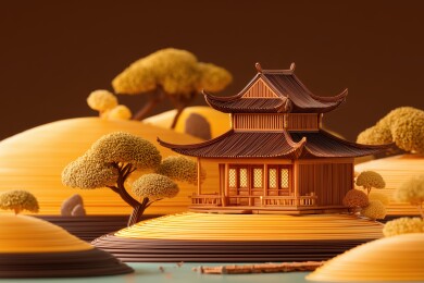 神秘奢华的一座中国古典飞檐建筑3D卡通画