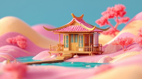 春天晴朗的天空粉色山谷中中国一座古典房屋
