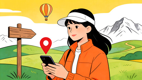 女旅行者在自然山水间拿着手机导航