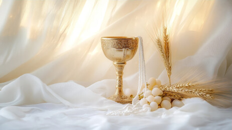圣餐金杯麦穗葡萄在柔和白绸背景下