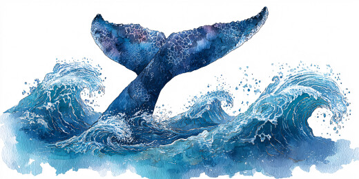 蓝色海浪中的鲸鱼尾巴水彩画