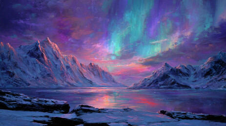 绚烂极光映照下的雪山冰原