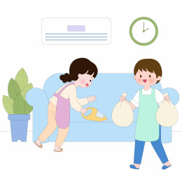 大扫除吸尘器扫沙发扔垃圾袋家务场景插画