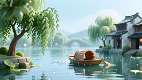 谷雨时节古镇湖岸柳树雨中行舟图