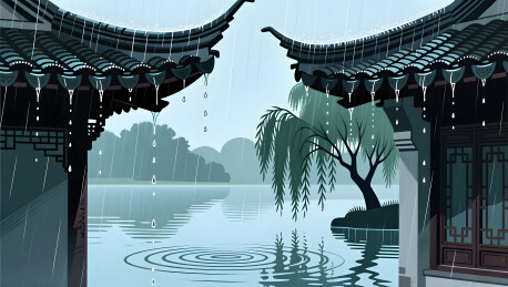 谷雨雨景古建筑屋檐滴水柳树剪影