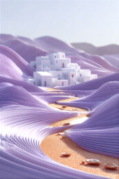 紫色波浪地貌中的白色建筑群