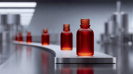 制药生产线的红色药瓶