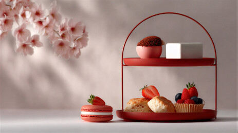 精致甜点与樱花相伴的场景