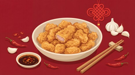 红色背景中的炸物及中式佐料