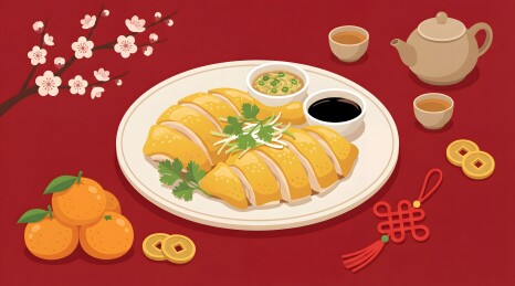 红底盘上白切鸡与节庆元素