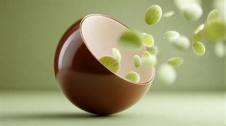 带有绿叶飘落的棕色球形碗