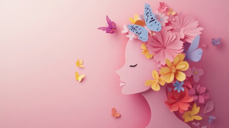花朵人物侧脸与蝴蝶