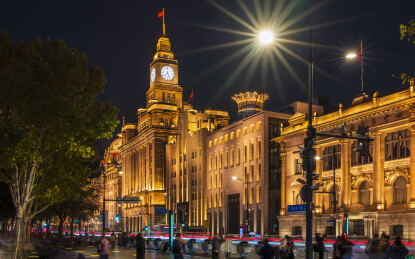 上海外滩夜景：海关大楼钟楼与万国建筑群