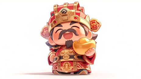 穿着红色官服手捧金元宝的Q版财神爷