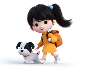 一个可爱的女生正在遛狗
