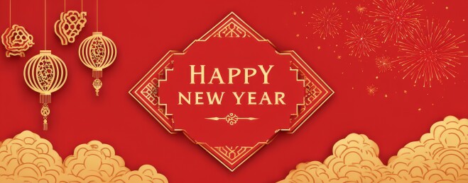 红金新年灯笼装饰贺卡