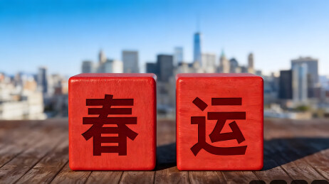 红色木块刻‘春’‘运’，城市天际线背景