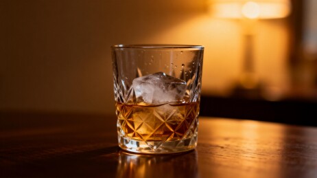 琥珀色酒液配冰块的晶莹杯