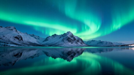 极光映雪山湖水静谧夜景