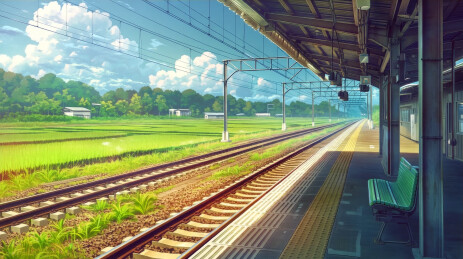 乡间铁道站台明媚夏日风景插画