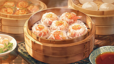 蒸笼里冒着热气的鲜虾烧卖中式早餐点心