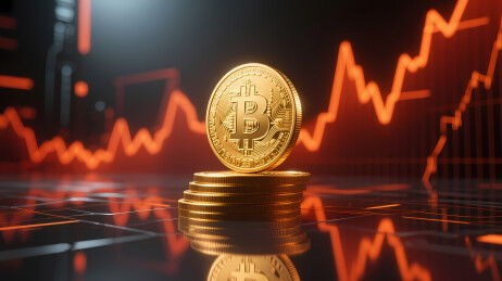 金色比特币与红趋势图