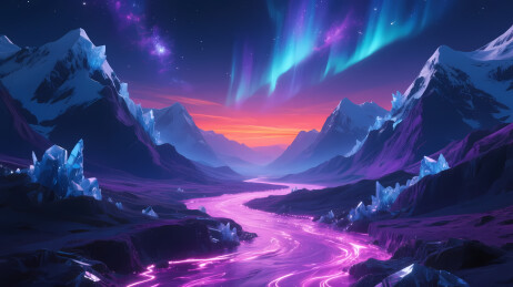 极光下的雪山河流