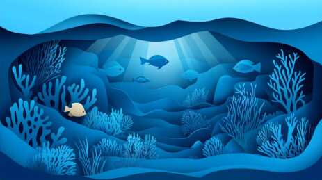 蓝色纸雕风格海底世界珊瑚鱼群场景插画