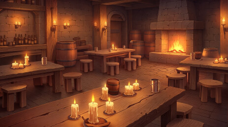 中世纪风格酒馆室内壁炉蜡烛木桌椅