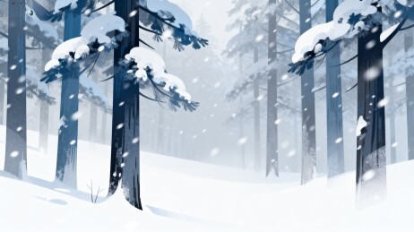 雪落松林静谧冬景