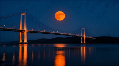 夜幕下的大桥与明月