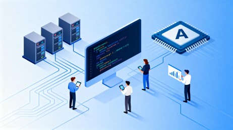 科技人员与服务器电脑互动