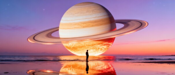 人在海边望土星景象