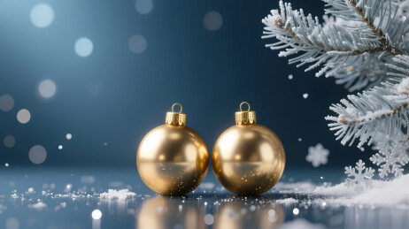 金色圣诞球与雪松枝