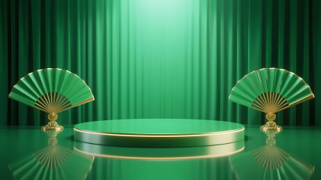 绿圆舞台配金扇