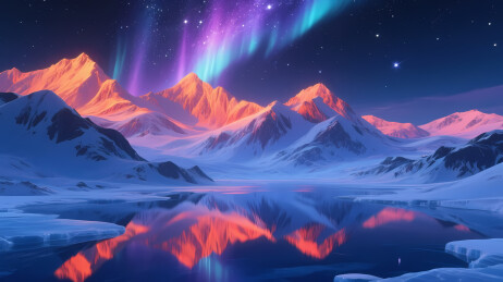 极光映照五彩雪山