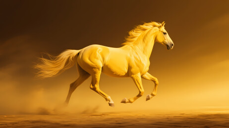 金色沙尘中奔腾的白马