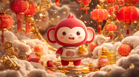 长颈鹿猴脖子上挂着金铃铛周围是一片金币